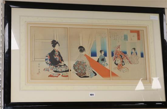Japanese School, woodblock triptych print, seated geishas each 30.5 x 23.5cm